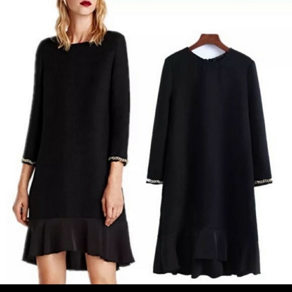 Zara Basic Collection Black Textured Dress Gold Chain Cuff Accent S
